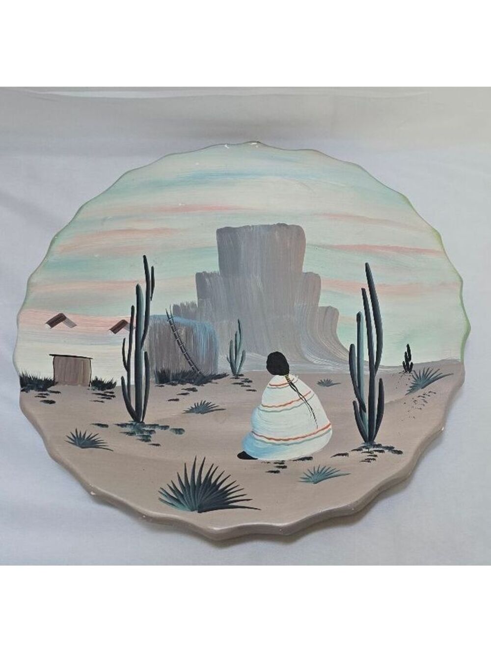 Vintage Hand Painted Southwestern Native American Woman Desert Wall Plaque 12"